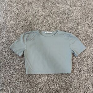 Zara Light Gray / Light Blue Short Sleeve Tee / Athletic Crop Top